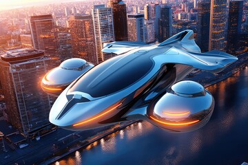 Atmospheric scene featuring a futuristic flying car soaring through the sky. Generative AI