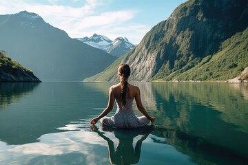 Woman in a yoga practice on water surface. Generative AI