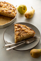 Pear pie. Slice of homemade pear pie, tart with fresh fruits.