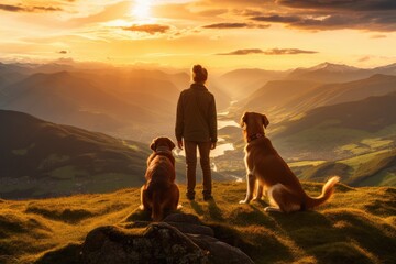 Family, child, and their beloved dog as they stand on the peak of a mountain. Generative AI