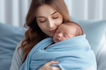 Woman holding adorable baby wrapped in blue blanket. Generative AI