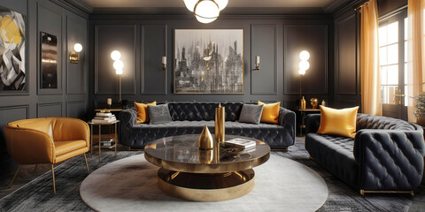 Fototapeta na wymiar Black velvet tufted sofas and yellow leather chair in classic room with black walls. Art deco interior design of modern living room. Created with generative AI