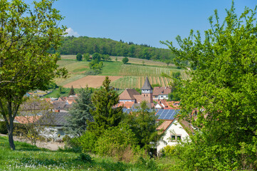 Ortsbild von Ranschbach mit Wallfahrtskirche Mariä Heimsuchung. Region Pfalz im Bundesland...