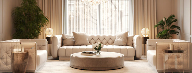 Leather beige sofa and armchairs against of window. Luxury interior design of modern living room. Created with generative AI