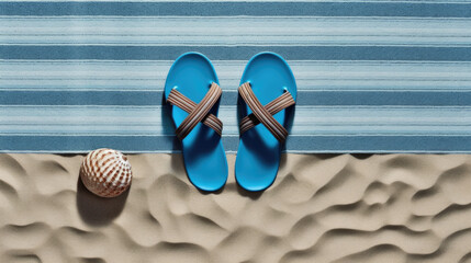 Naklejka premium Travel beach towel with flip flops and flip flops in the sand , Travel concept