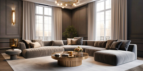 Gray corner sofa in room with black paneling walls. Neoclassical interior design of modern living room. Created with generative AI