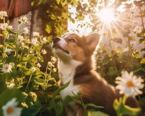border collie puppy playing in a blooming garden in summer - Generative AI