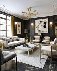 Art deco style interior design of modern living room with black wall and golden decor pieces. Created with generative AI - obrazy, fototapety, plakaty
