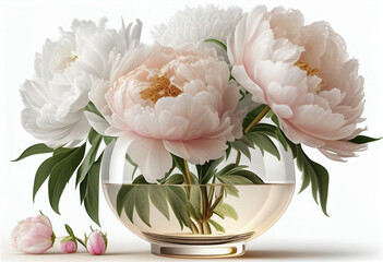 Peonies in a vase on a white background. AI Generated