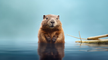 Advertising portrait, banner, serious beaver standing in the water looking to the camera isolated - obrazy, fototapety, plakaty