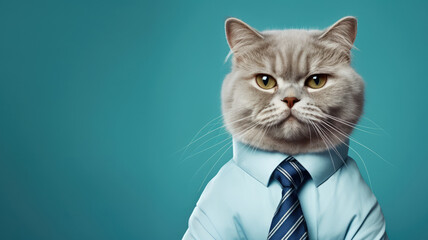 Advertising portrait, banner, classic gray cat businessman looking directly to the camera isolated on blue background