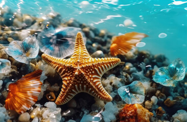 Fototapeta na wymiar Travel beach starfish and shells on the blue pool water , Travel concept