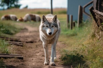 Naklejka na ściany i meble a wolf roams the farm in search of food. Generative AI