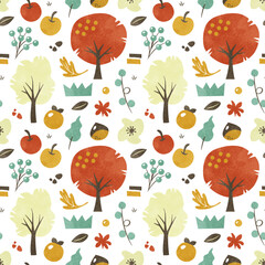 Obraz premium 秋の果物や木の実の背景パターン（レトロ＆水彩イラスト）