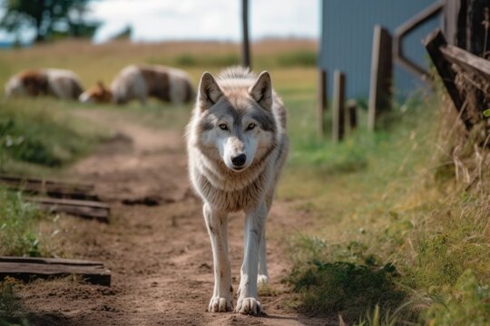 a wolf roams the farm in search of food. Generative AI
