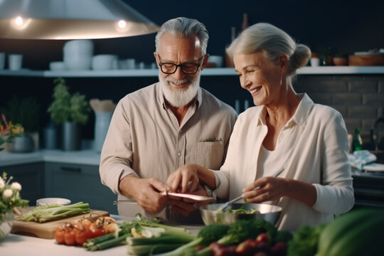 elderly couple gracefully engages in the joy of cooking as they prepare a delicious dinner together in their warm and inviting kitchen, created with Generative AI Technology