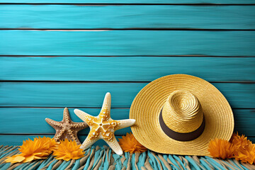 Travel golden beach hat, palm hat and other beach accessories set on wooden surface with starfish background, Travel concept