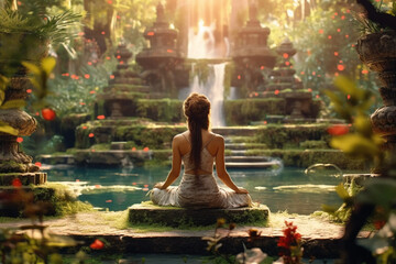 Young girl Yoga Practice in a Magical Garden Created by Generative AI Technology