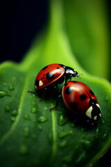 Plakat ladybug on green leaf generative AI