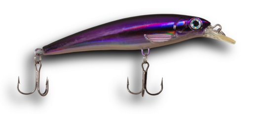 Fishiing lure with two treble hooks that is purple and shadow behind