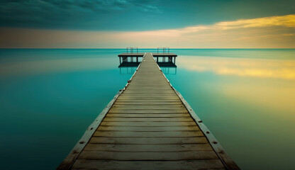 Fototapeta premium Footbridge sea beach , Meditation by the Sea at Sunset