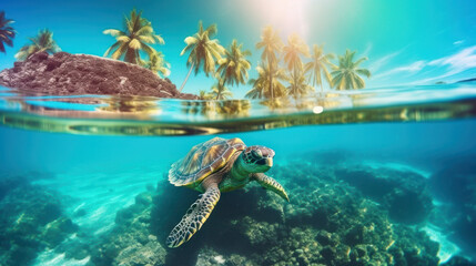 turtle underwater at the foot of Paradise tropical island with palm trees on a sunny day. Generative AI