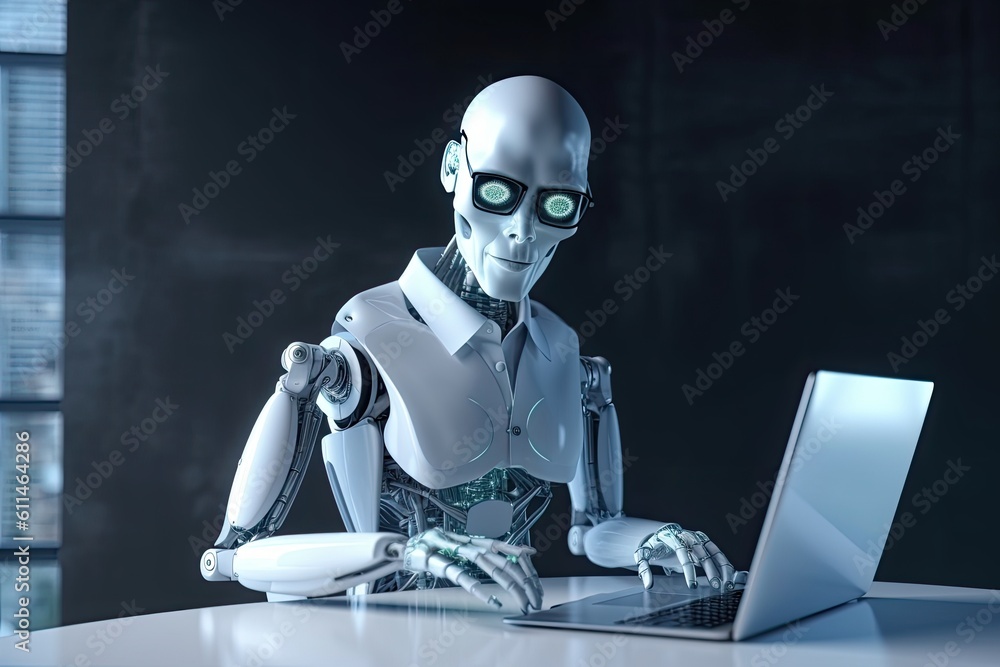 Poster 3d rendering humanoid robot working with laptop on table in dark room, futuristic ai robot accountan