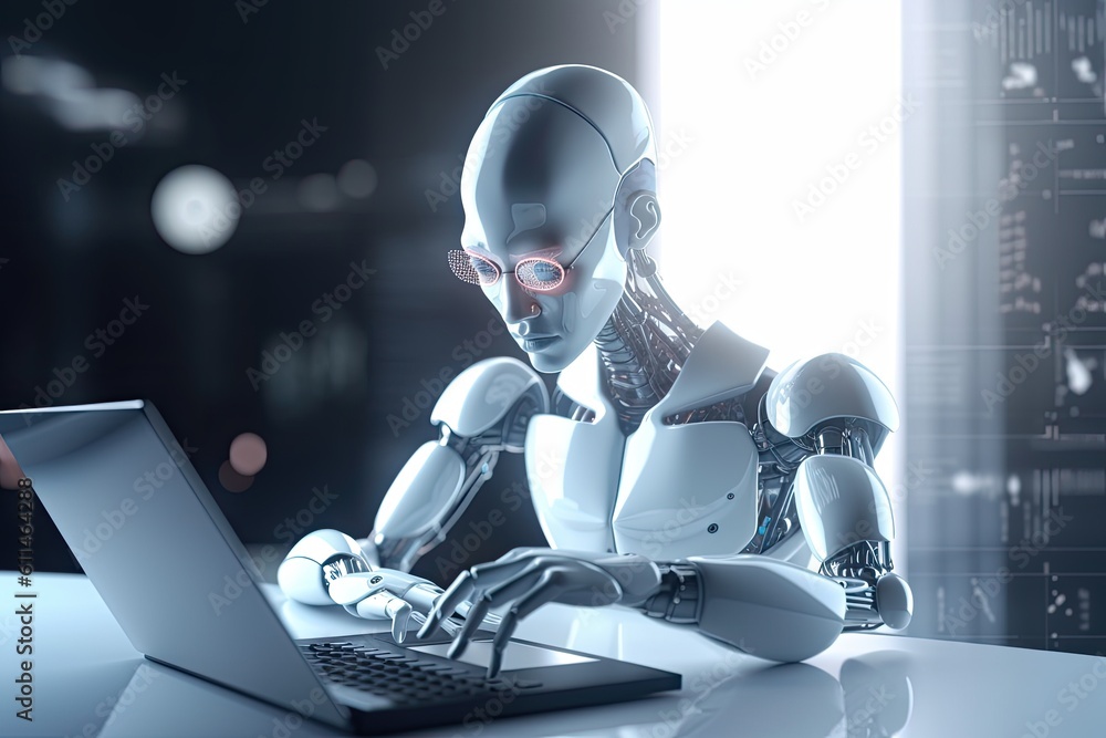 Poster robot humanoid working with laptop computer in office. 3d rendering, futuristic ai robot accountant 