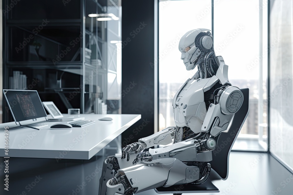Poster 3d rendering humanoid robot sitting in modern office with computer on table, futuristic ai robot ceo