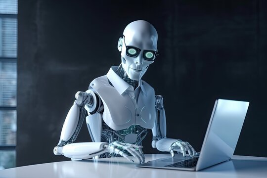 3d rendering humanoid robot working with laptop on table in dark room, Futuristic AI robot accountant wearing an eyeglass, AI Generated