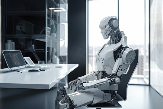 3d rendering humanoid robot sitting in modern office with computer on table, Futuristic Ai robot CEO sitting at his office chair, AI Generated