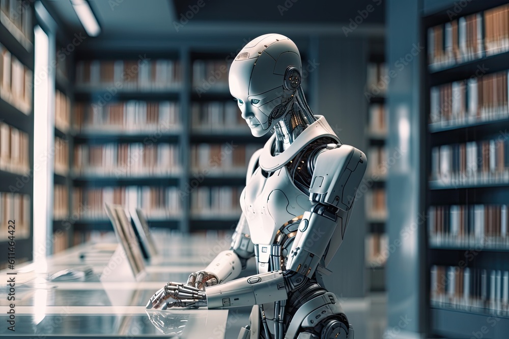 Poster 3d rendering humanoid robot working in library with bookshelf on background, futuristic ai robot lib