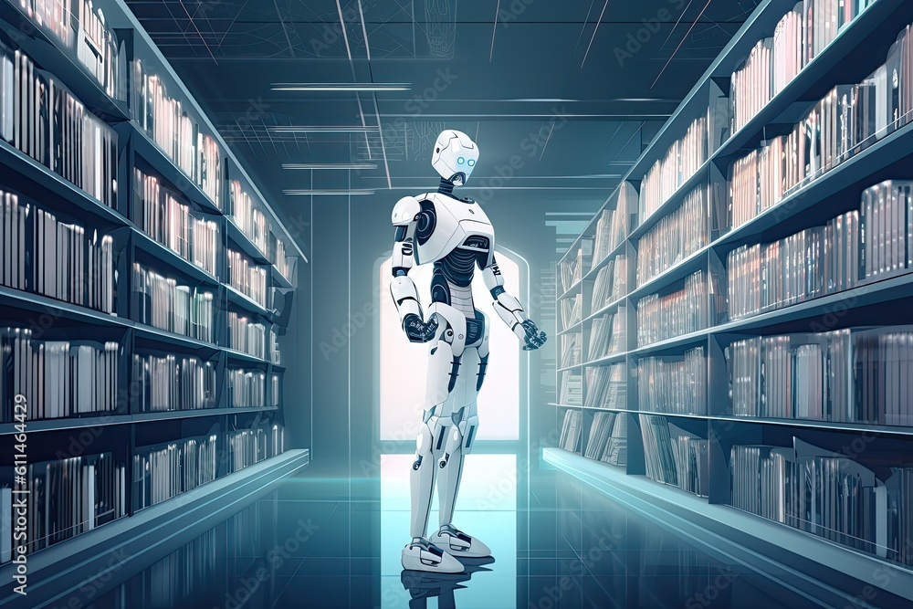 Poster 3d rendering humanoid robot in library with bookshelves on background, futuristic ai robot librarian