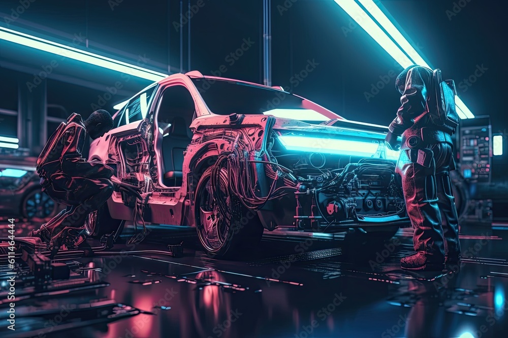 Poster 3d rendering of a group of auto mechanics working in a garage, futuristic ai robot mechanic repairin