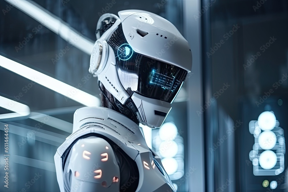 Poster 3d rendering robot or cyborg with artificial intelligence in modern factory, futuristic ai robot mec