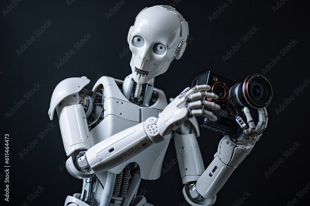 Poster robot holding a camera on a dark background. 3d rendering. futuristic ai robot photographer, model a