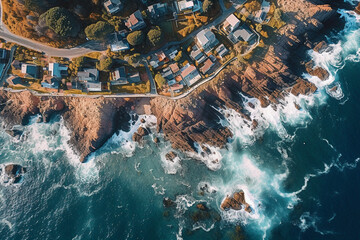 Aerial view on houses on sea coast in California, created with Generative AI Technology