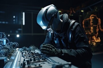 Technician working at the factory. Portrait of young man in protective helmet and goggles working on industrial equipment. Futuristic AI robot mechanical engineer working, AI Generated