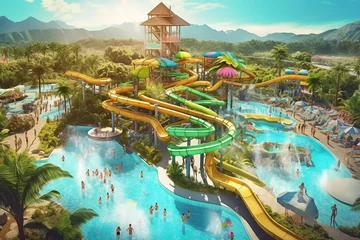Fotobehang Summer water amusement park with rides and tubes, created with Generative AI Technology © Masson