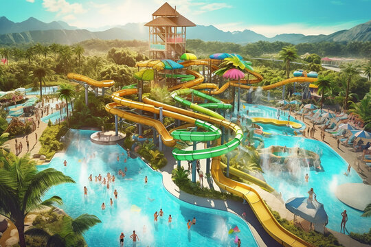 Summer water amusement park with rides and tubes, created with Generative AI Technology