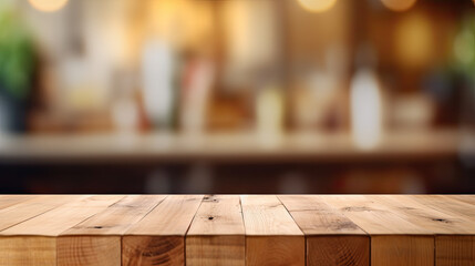 Wood table top on blur kitchen counter background Generative AI