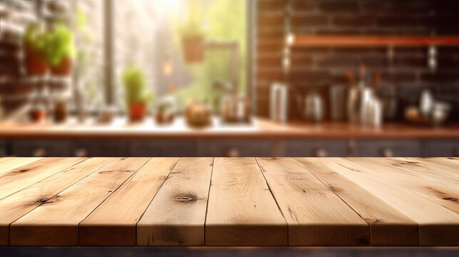 Wood table top on blur kitchen counter background Generative AI