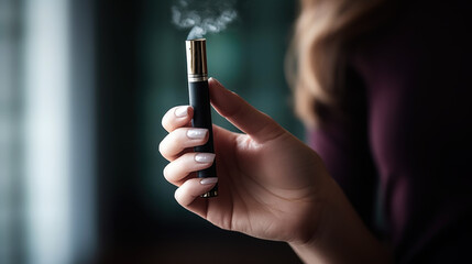 Close-up of a woman holding a electronic cigarette in her hand. Generative AI.