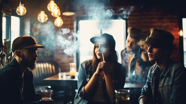 Group Of Young Millenial People Smoking Cigarettes And Drinking Together In A Bar Or Pub. Generative AI.