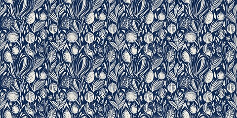 Masculine indigo floral blockprint linen seamless border. All over print of navy blue cotton effect flower linocut fabric banner.