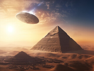 An alien spaceship flying over an ancient city created with Generative AI technology.