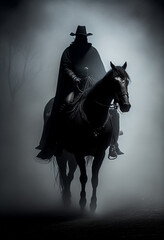 Black rider on a horse during the fog. AI Generated