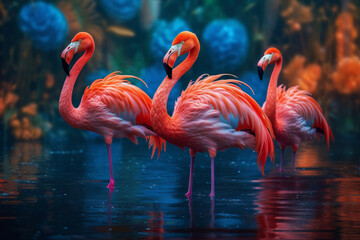 Fototapeta na wymiar Gruppe von roten Flamingos - brillante Farben