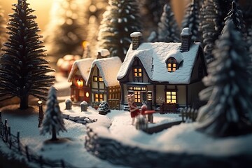 Naklejka premium Create a magical Christmas scene with a snowy landscape and festive decorations, capturing the joy and warmth of the holiday season generated ai