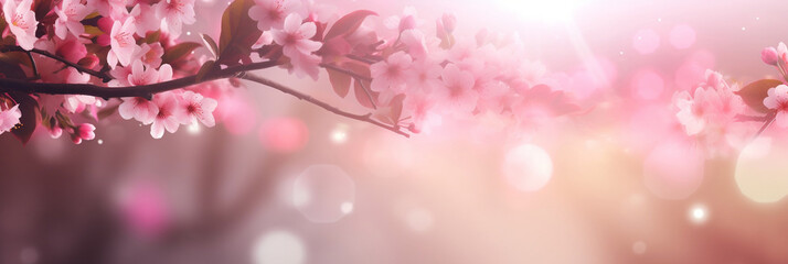 Spring blossom tree pink flowers and abstract background with bokeh sunlights, banner, generative AI